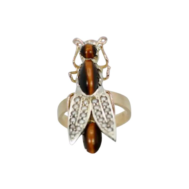 Tigers Eye Seed Pearl Insect Ring