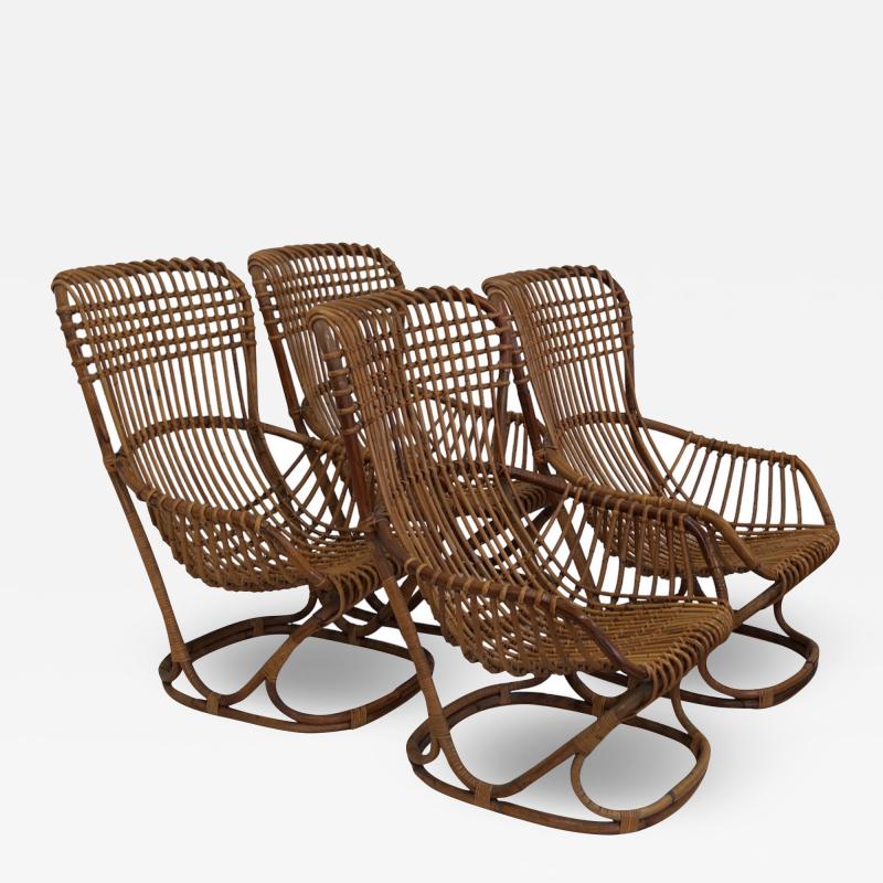 Tito Agnoli Pair of 4 Vintage Italian Tito Agnoli Rattan Chairs 1950s