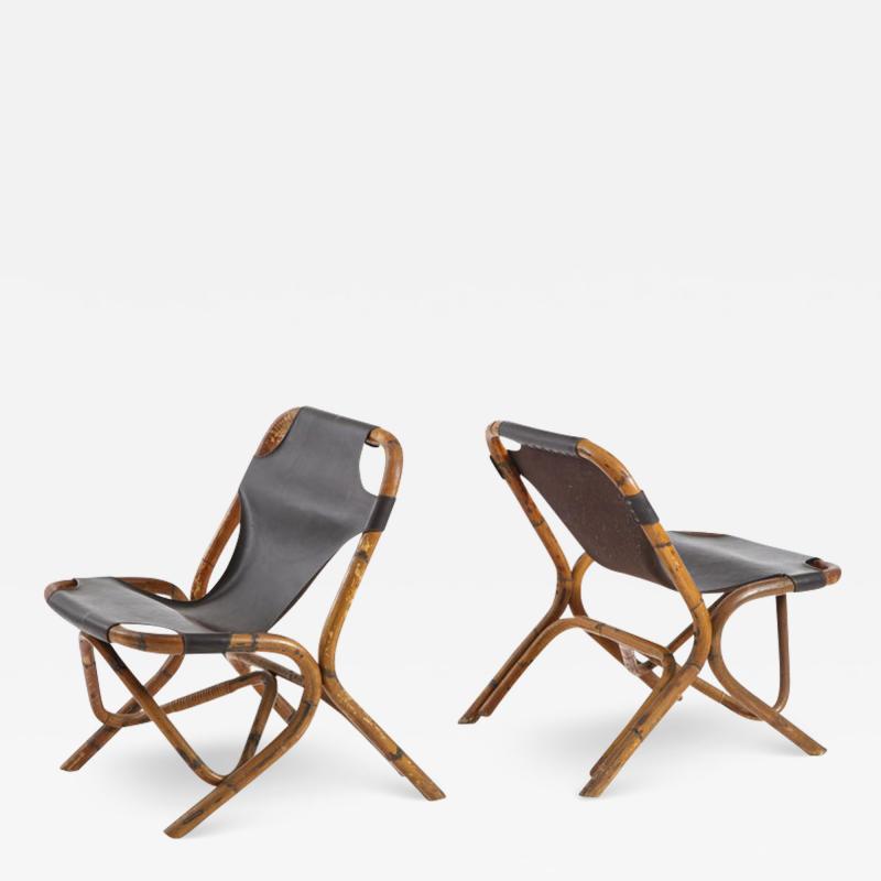 Tito Agnoli Pair of Bamboo and Dark Brown Leather Sling Chairs by Tito Agnoli Italy 1960