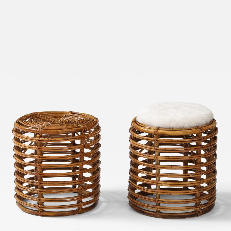 Tito Agnoli Pair of Tito Agnoli Bamboo Cane Stool w Cushions Italy 1950s