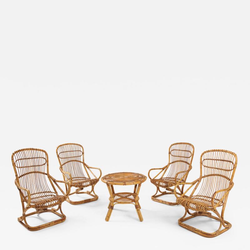 Tito Agnoli Set of Four Bamboo Armchairs and Table by Bonacina Italy 1960s