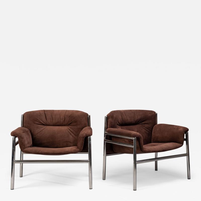 Tito Agnoli Tito Agnoli for Cinova pair of armchairs in brown suede and steel Italy 1973