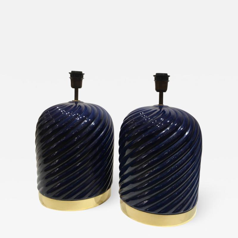 Tommaso Barbi Pair of Blue Ceramic Spiral Table Lamps Designed by Tommaso Barbi Italy