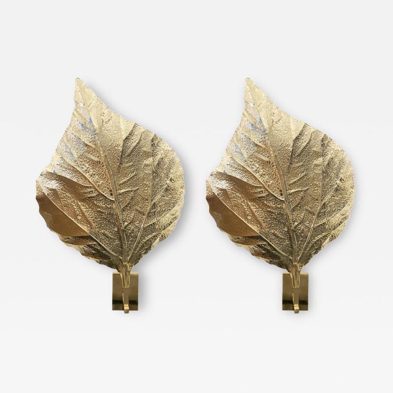 Tommaso Barbi Pair of Brass Leaf Wall Lights by Tommaso Barbi