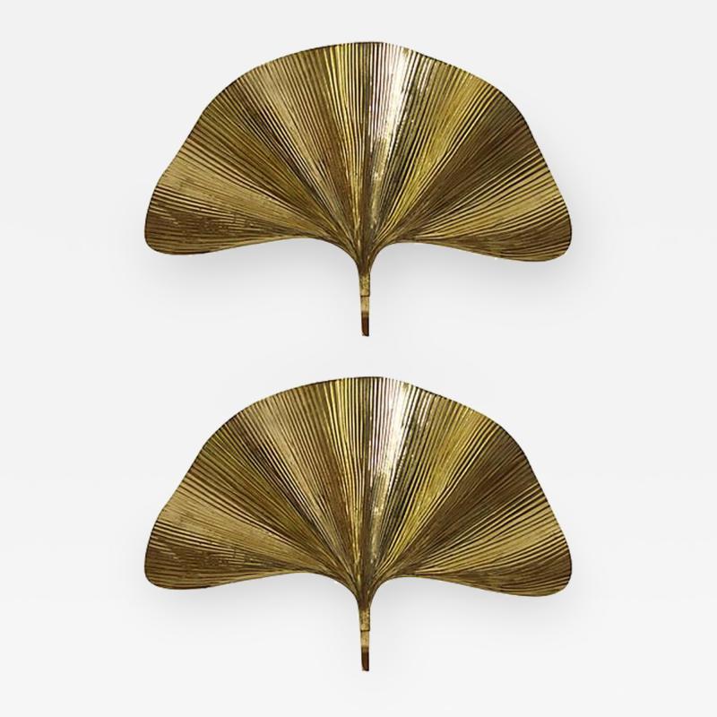 Tommaso Barbi Pair of Huge Ginkgo Leaf Brass Wall Lights or Sconces by Tommaso Barbi