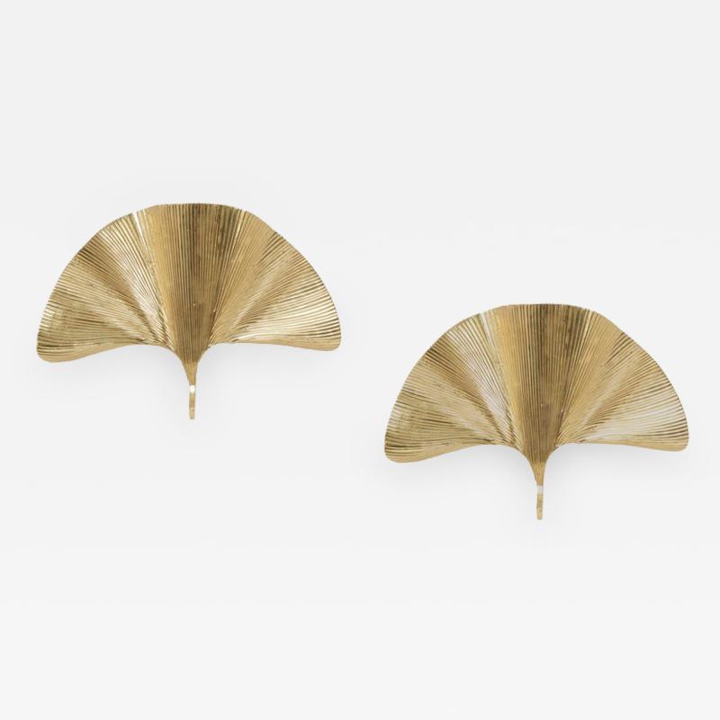 Tommaso Barbi Set of 2 Huge Ginkgo Leaf Brass Wall Lights or Sconces in the manner of Tommaso