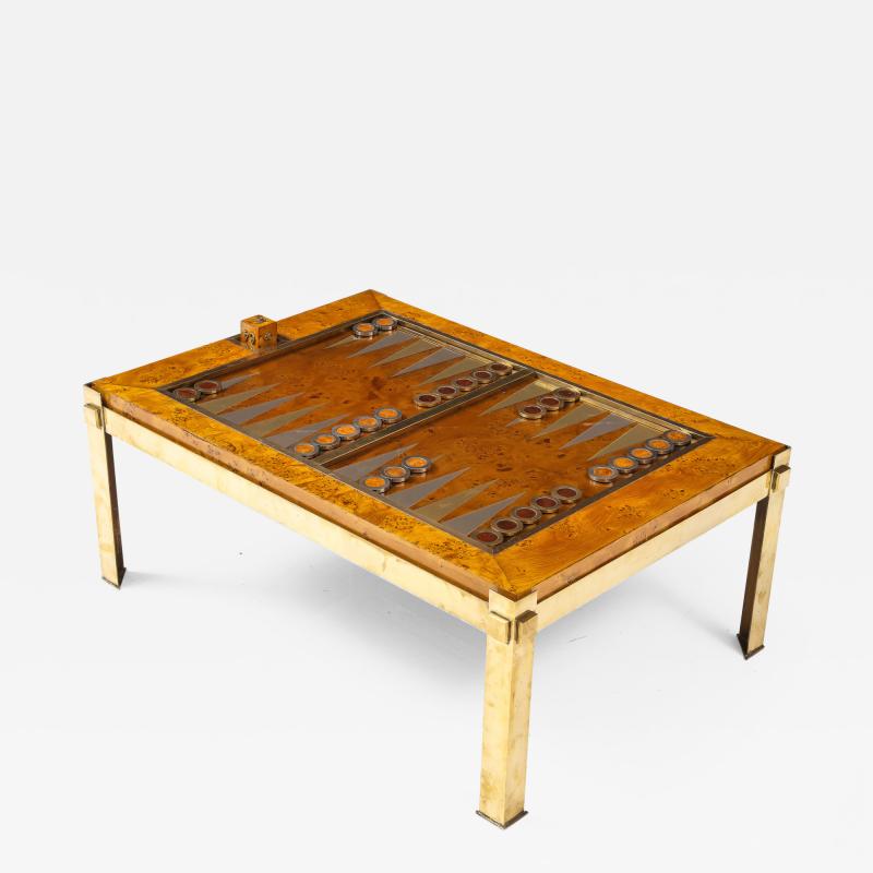 Tommaso Barbi Tommaso Barbi Brass and Burl Wood Backgammon Coffee Table Italy 1960s