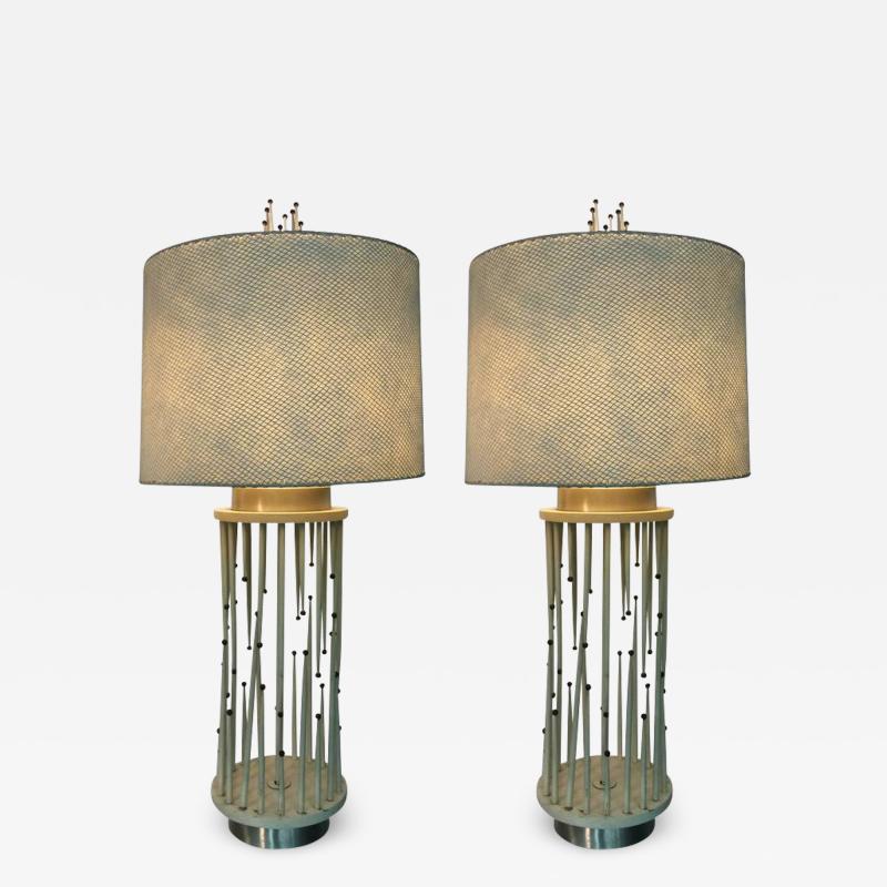 Tommi Parzinger MID CENTURY MODERNIST WHITE WOOD AND BRASS BALL LAMPS WITH ORIGINAL SHADES