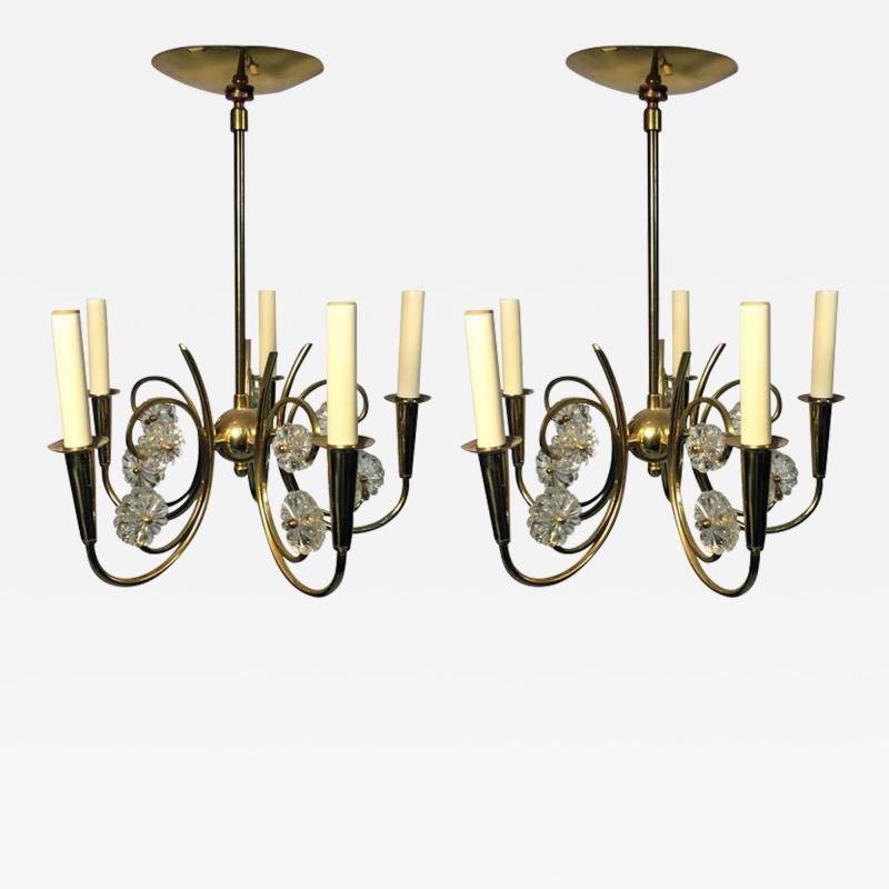 Tommi Parzinger MID CENTURY PAIR OF STUNNING BRASS AND CRYSTAL FLORET CHANDELIERS