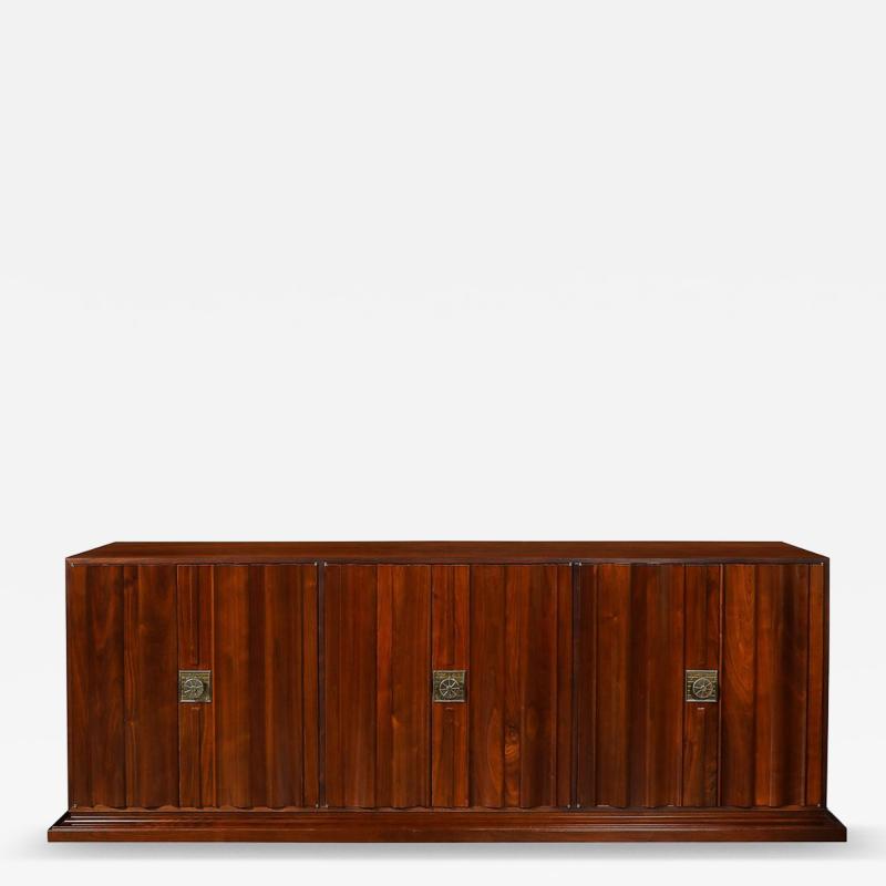 Tommi Parzinger Mid Century Fluted Walnut Sideboard w Sculptural Brass Pulls by Tommi Parzinger