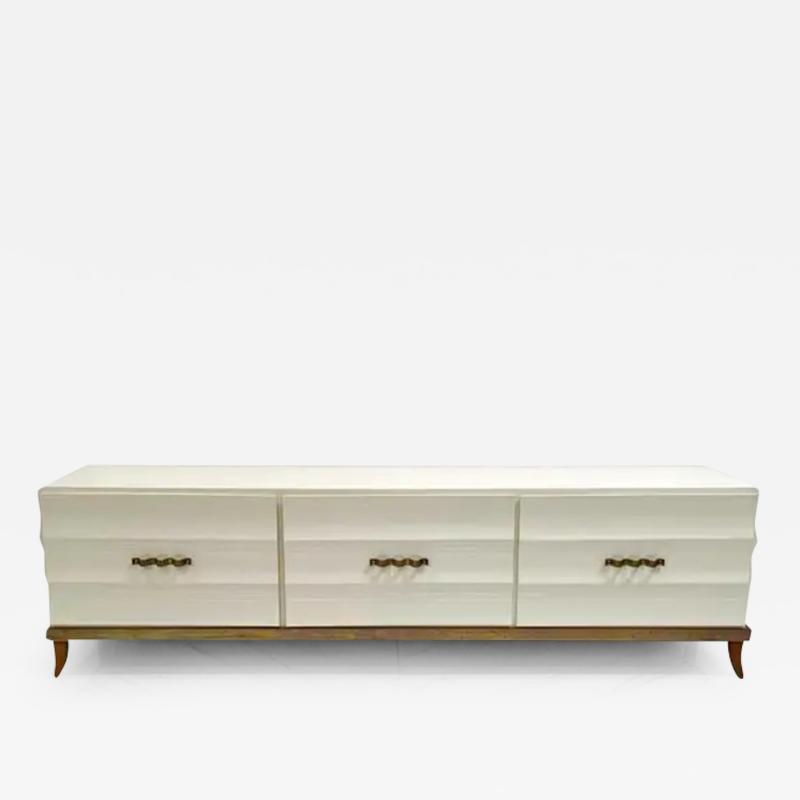 Tommi Parzinger Monumental Ivory Lacquered and Aged Brass Credenza Style of Tommi Parzinger