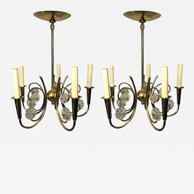 Tommi Parzinger PETITE PAIR OF MID CENTURY BRASS AND CRYSTAL FLORET CHANDELIERS
