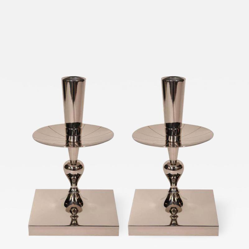 Tommi Parzinger Pair of Tommi Parzinger Polished Nickel Candlesticks