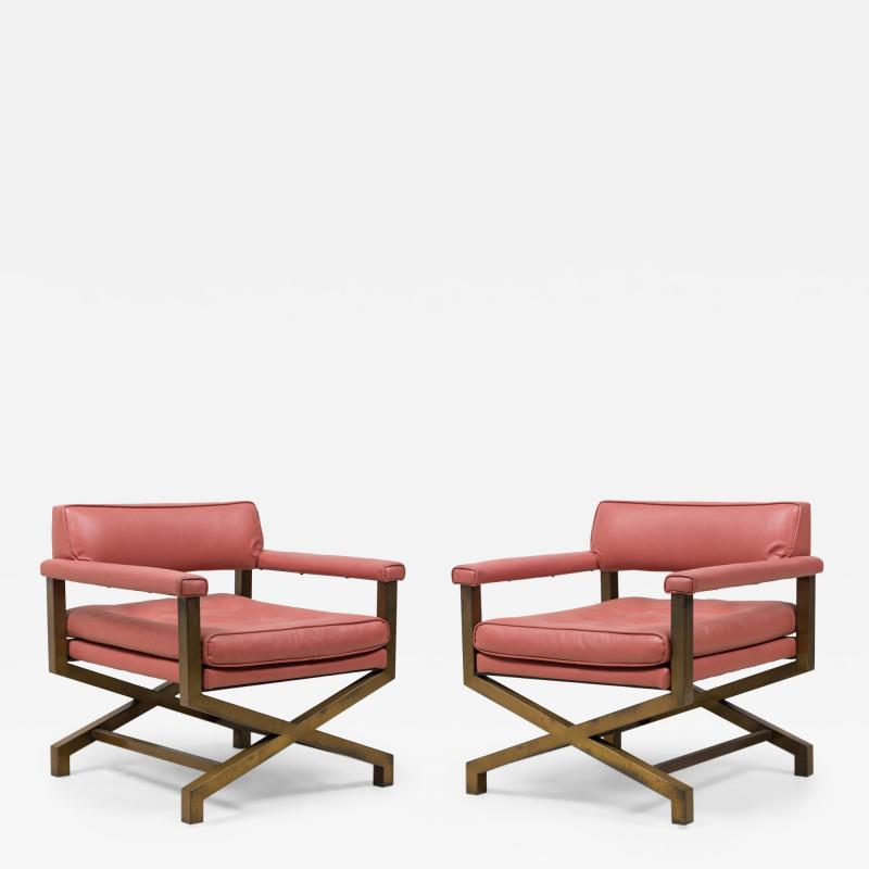 Tommi Parzinger Pair of Upholstered Campaign Armchairs Attributed to Tommi Parzinger