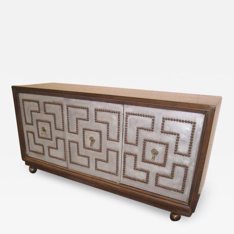 Tommi Parzinger Stunning Pair of Parzinger Style Brass Studded Petite Credenza Mid Century