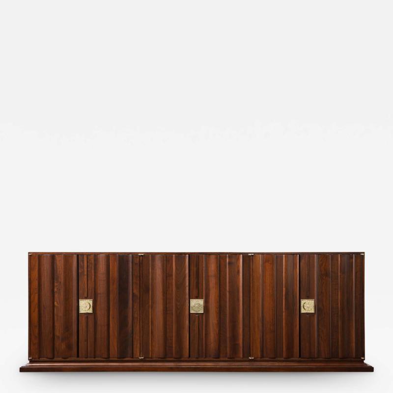 Tommi Parzinger Tommi Parzinger 6 Door Credenza in Walnut With Iconic Brass Hardware 1960s