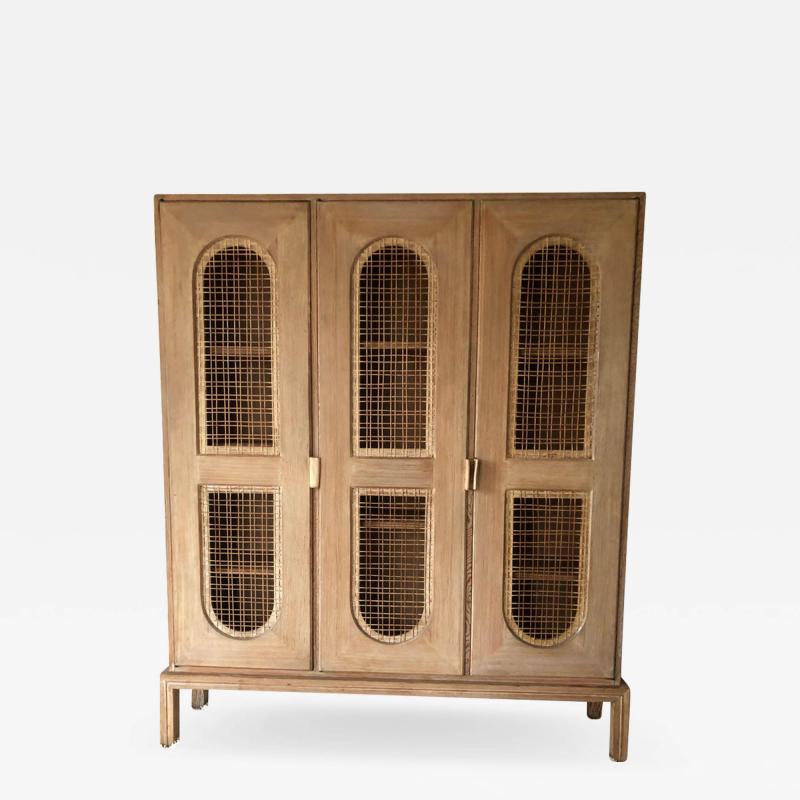 Tommi Parzinger Tommi Parzinger Early Important Tall Cabinet Bookcase Limed Sawed Oak Cane Door