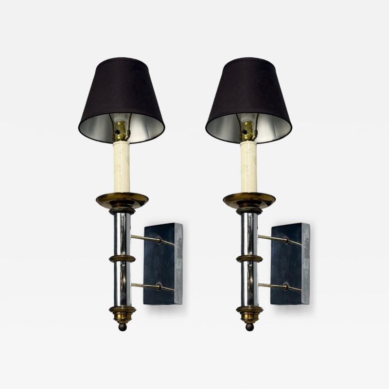 Tommi Parzinger Tommi Parzinger Large Wall Sconces Chromed Steel Brass Fabric USA 1950s