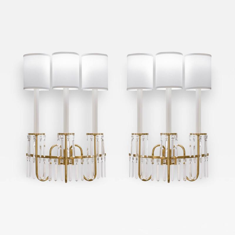 Tommi Parzinger Tommi Parzinger Pair of Rare and Important 3 Arm Sconces with Crystals 1950s