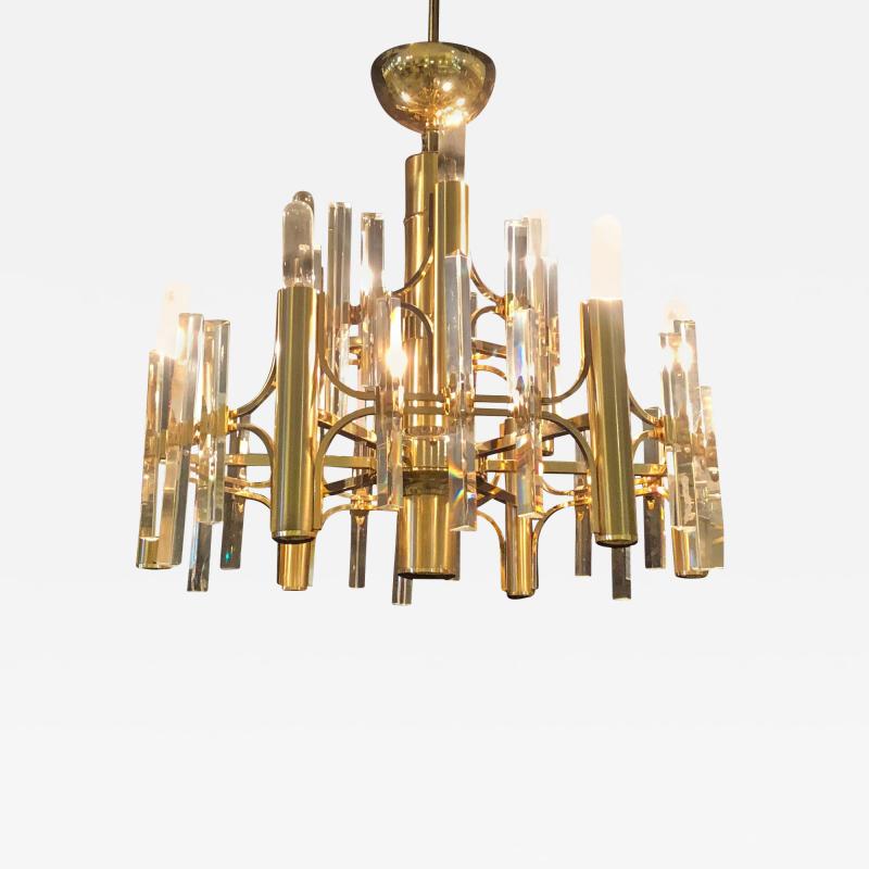 Tommi Parzinger Tommi Parzinger Style Brass Chandelier Cylindrical Lights Crystal Prisms