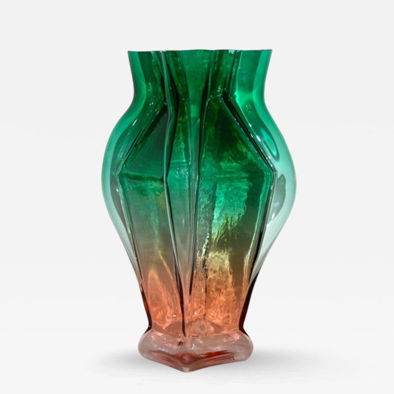 Toni Zuccheri 1980s Toni Zuccheri for Venini Green and Orange Murano Glass Vase