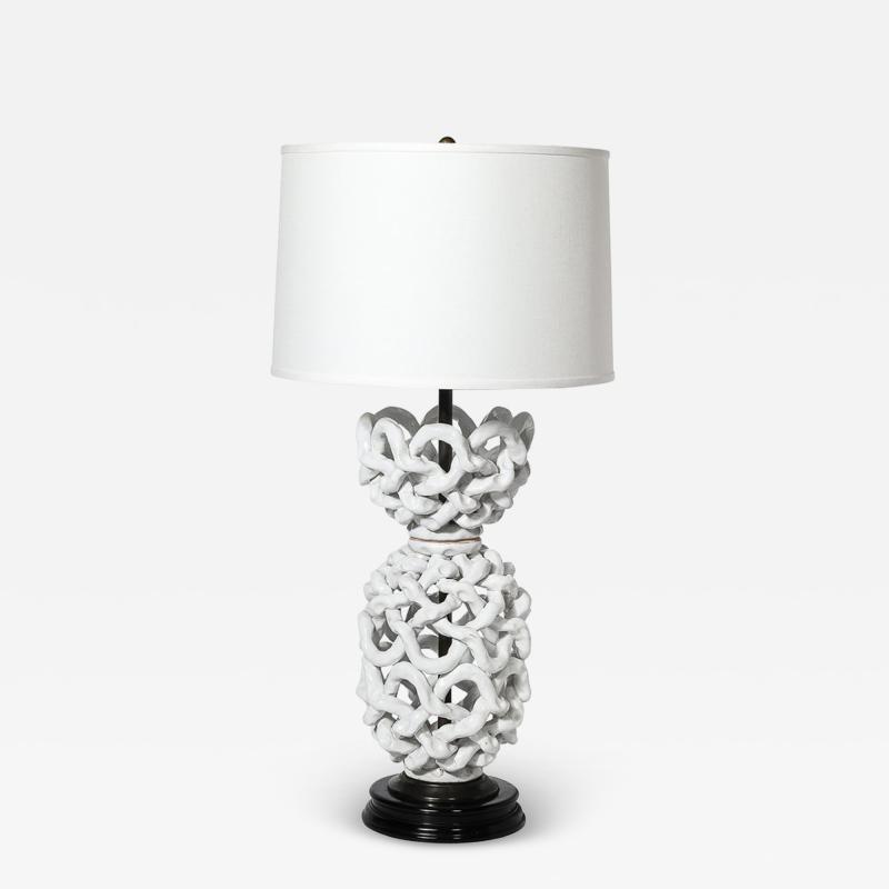 Tony Duquette Mid Century Open Form White Ceramic Table Lamp with Woven Sculptural Motifs