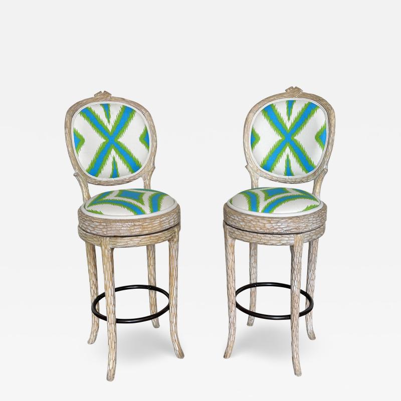 Tony Duquette Pair of Regency Faux Bois Twig Bar Stools