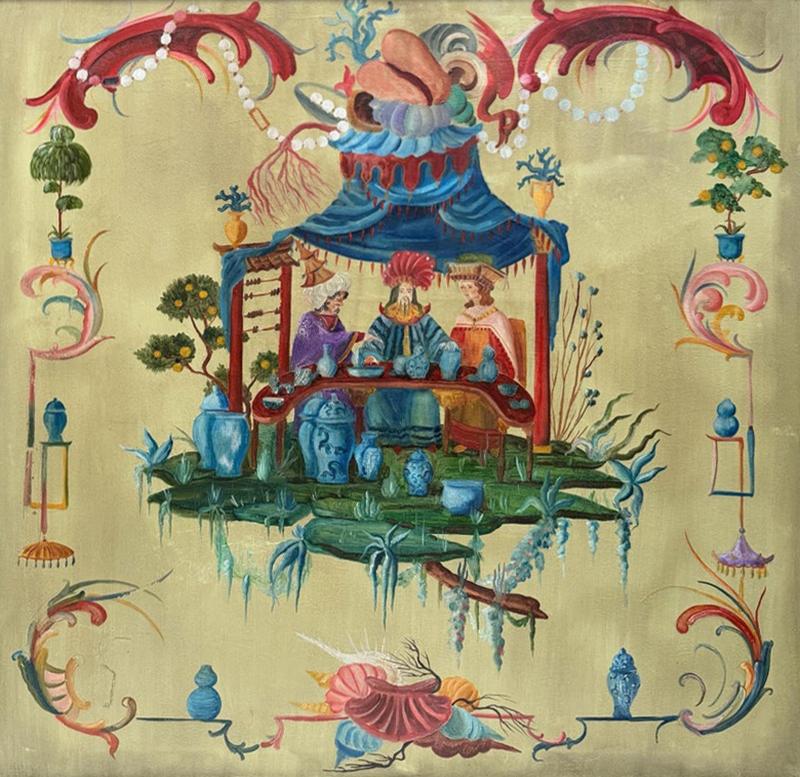 Tony Duquette Tony Duquette Style Chinoiserie Oil Painting on Canvas