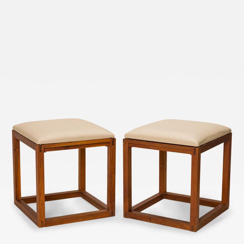 Tony Paul Pair Of Tony Paul Gray Leather Upholstered Wooden Cube Stool With Slide Tray