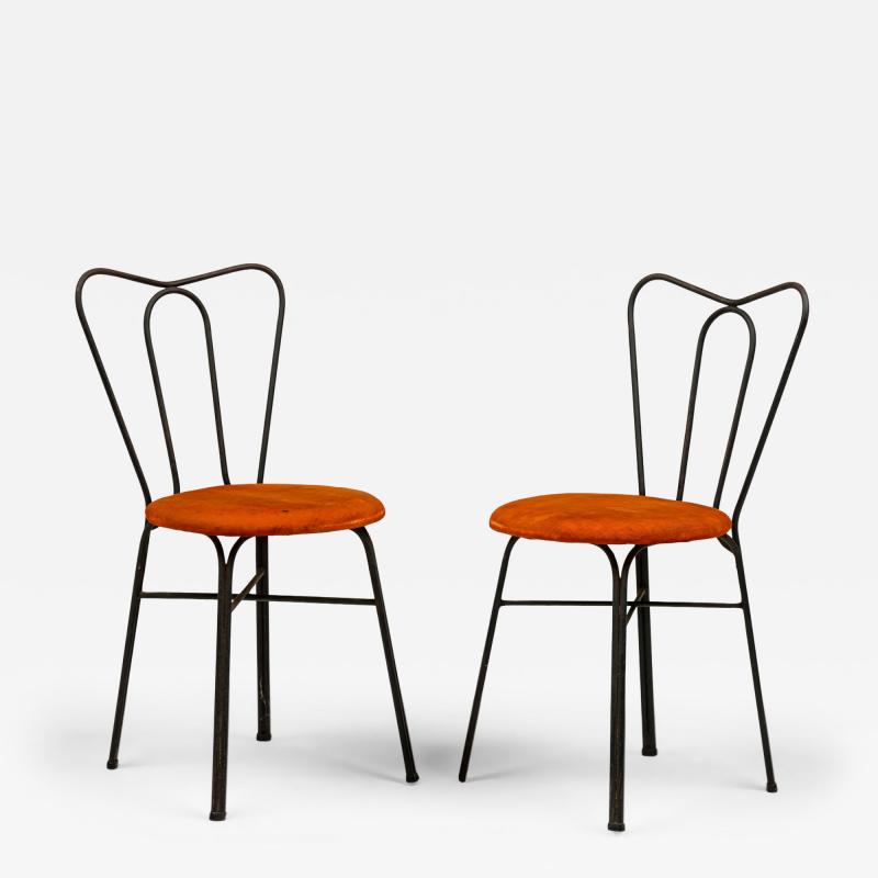 Tony Paul Pair of Tony Paul Black Iron and Orange Upholstery Ice Cream Parlor Side Chairs