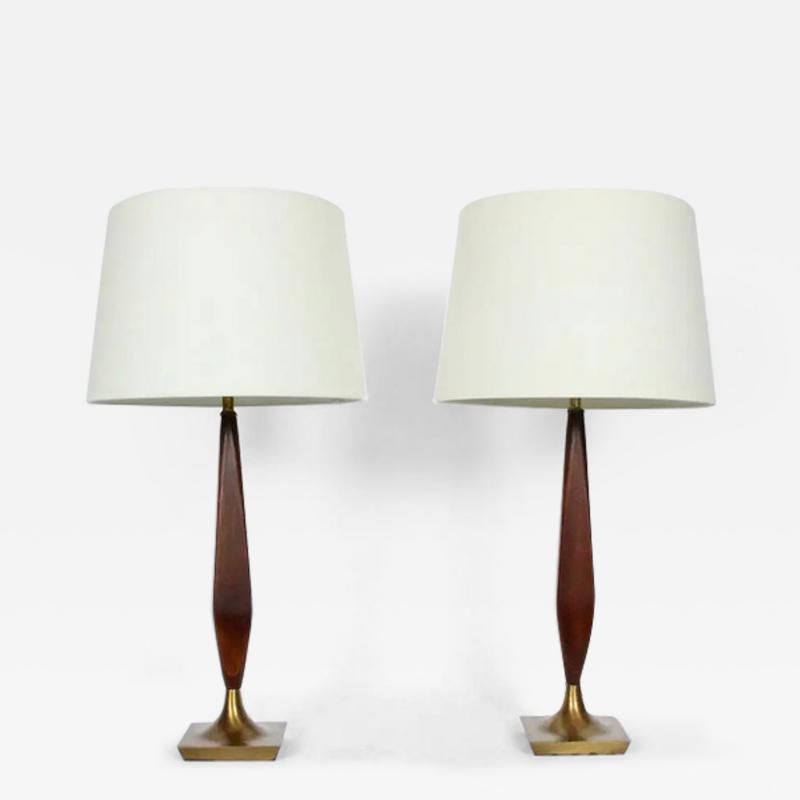 Tony Paul Pair of Tony Paul Style Walnut and Brass Candlestick Table Lamps 1950s