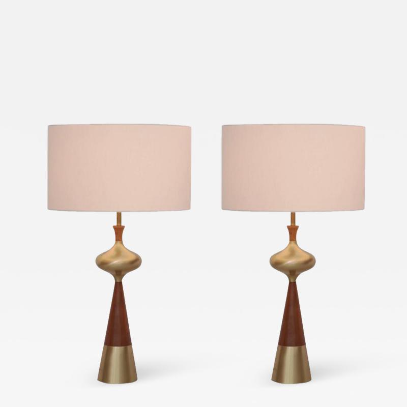 Tony Paul Set of Two Table Lamps in Walnut and Brass by Tony Paul for Westwood 1950s