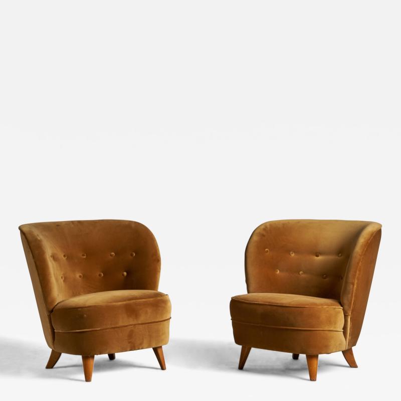 Tor Wolfenstein Tor Wolfenstein Lounge Chairs with Wood and Velvet Sweden 1940s