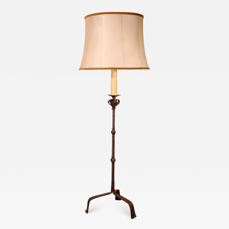 Torchiere Or Floor Lamp In Wrought Iron With A Lampshade In Goatskin