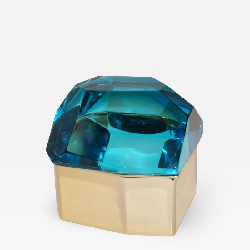 Toso Vetri D arte Diamond Shaped Turquoise Murano Glass Brass Jewel Like Box
