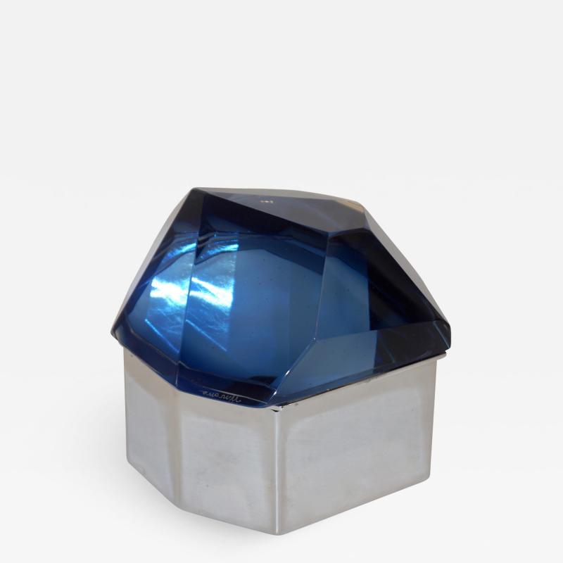 Toso Vetri D arte Toso Italian Modern Diamond Shaped Murano Glass Blue and Nickel Jewel Like Box