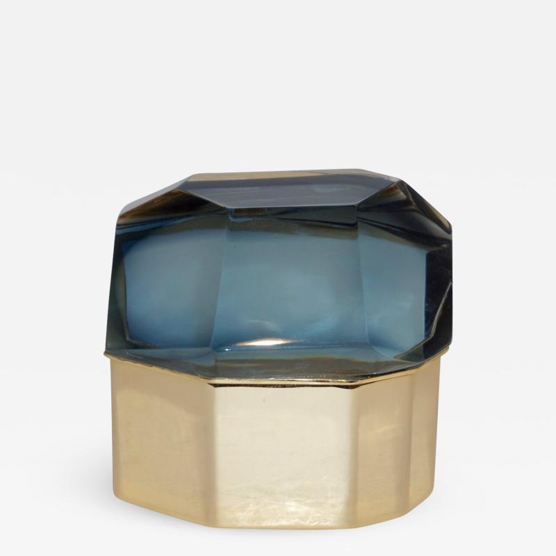 Toso Vetri D arte Toso Italian Modern Diamond Shaped Smoked Murano Glass Brass Jewel Like Box