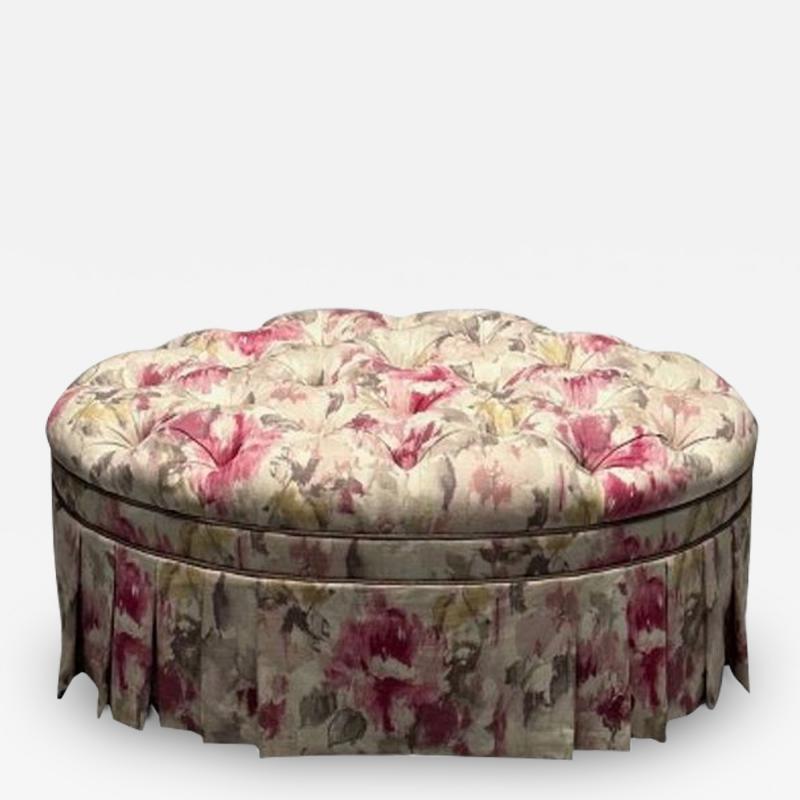 Traditional Oval Tufted Ottoman or Pouf Tie Dye Floral Fabric Wood USA 2010s