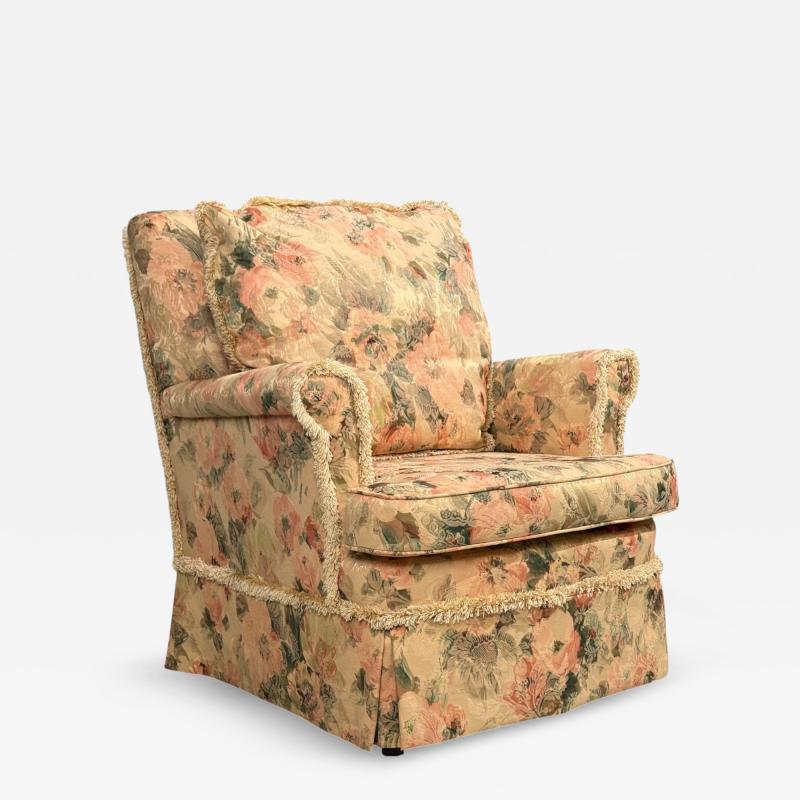 Traditional Rolled Arm Lounge Chair Floral Fabric Wood USA 1980s