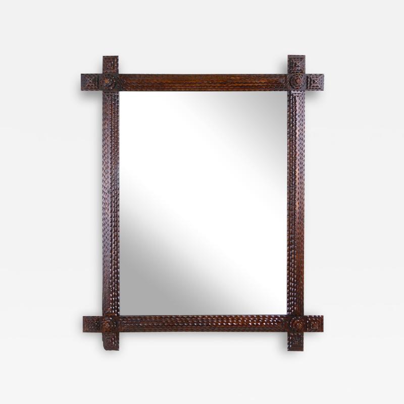 Tramp Art Rustic Wall Mirror 19th Century Hand Carved Basswood AT ca 1880