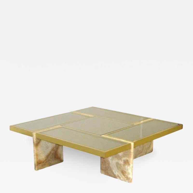 Travertine Base Brass and Mirrored Glass Cocktail Table