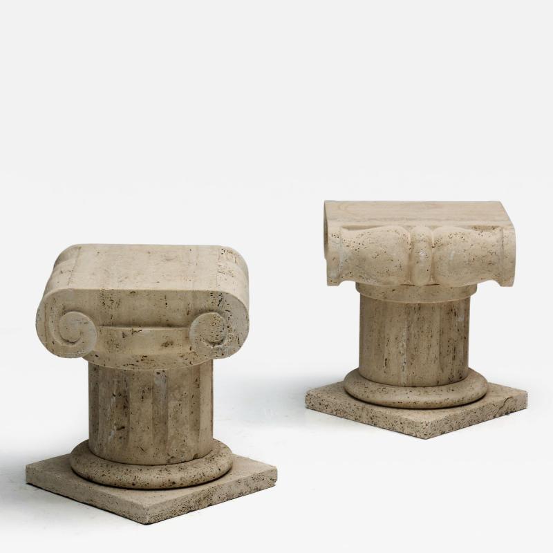 Travertine Ionic Pedestal Side Tables Italy Late 20th Century