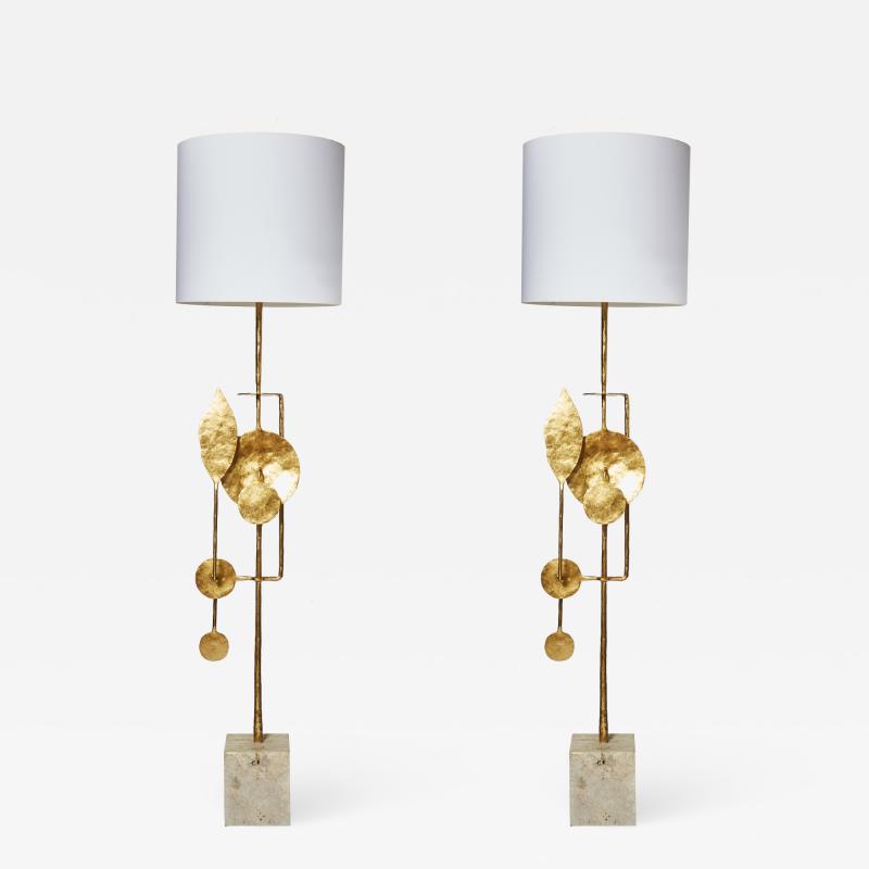 Travertine and Brass Floor Lamps