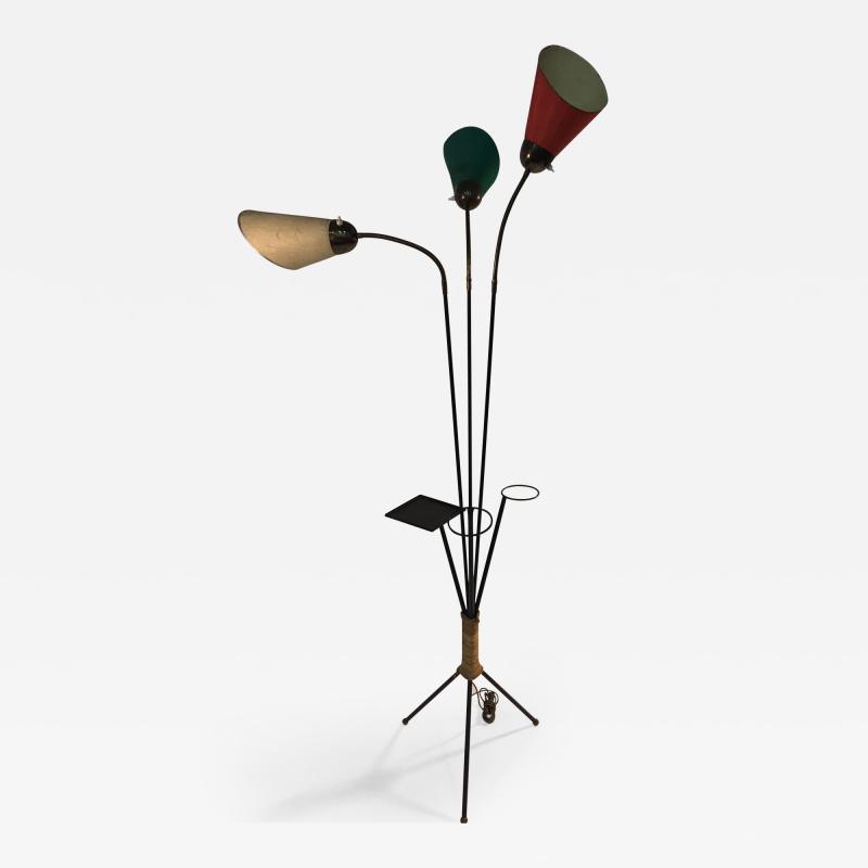 Tri Color 1950s Italian Modernist Black Iron Brass and Rope Tripod Floor Lamp
