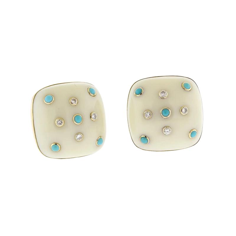 Trianon 14kt Gold Turquoise and Diamond Clip on Earrings