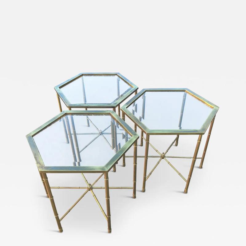Trio 3 Solid Brass Faux Bamboo Mastercraft Hexagonal Side Tables Mid Century