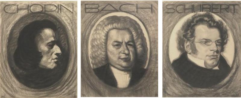 Trio of Music Composer Portrait Print Lithographs Bach Chopin Schubert