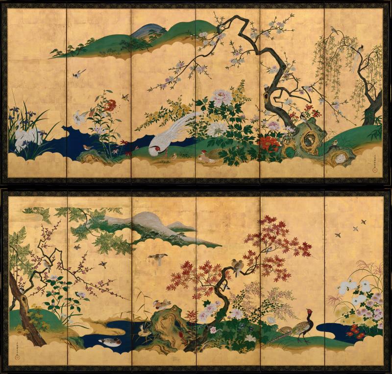Tsurusawa Tangei Japanese Screen Pair 18th Century Flowers Birds of the Four Seasons