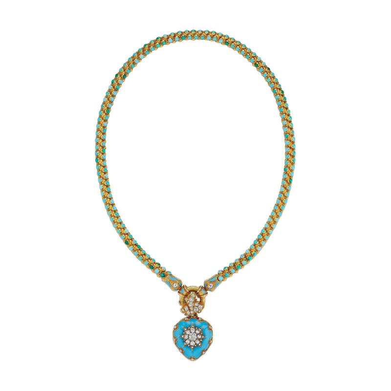 Turquoise Diamond and Enamel Serpent and Heart Locket Necklace
