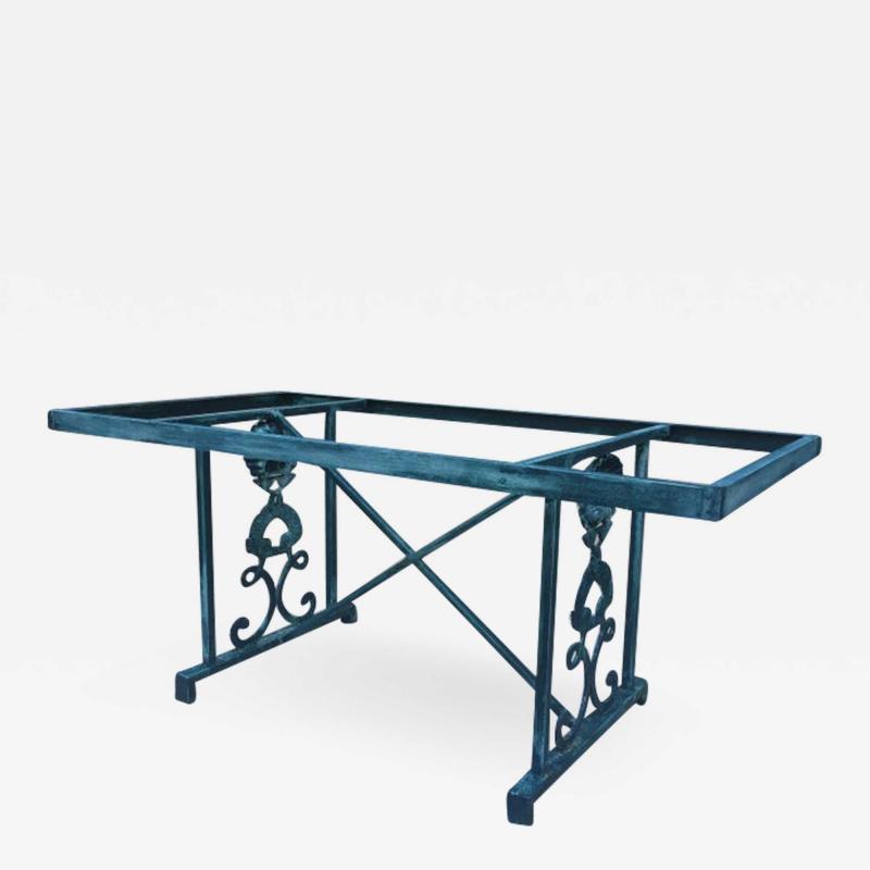 Turquoise Finish Aluminum Dolphin and Sea Shell Glass Top Dining Table